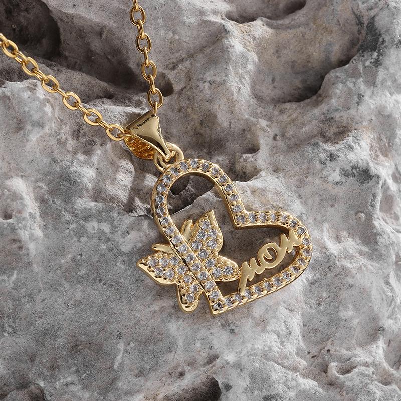 Women's Fashion Butterfly Letter Design Heart Shape Zircon Pendant Necklace Creative Romantic Sweet Casual Gift