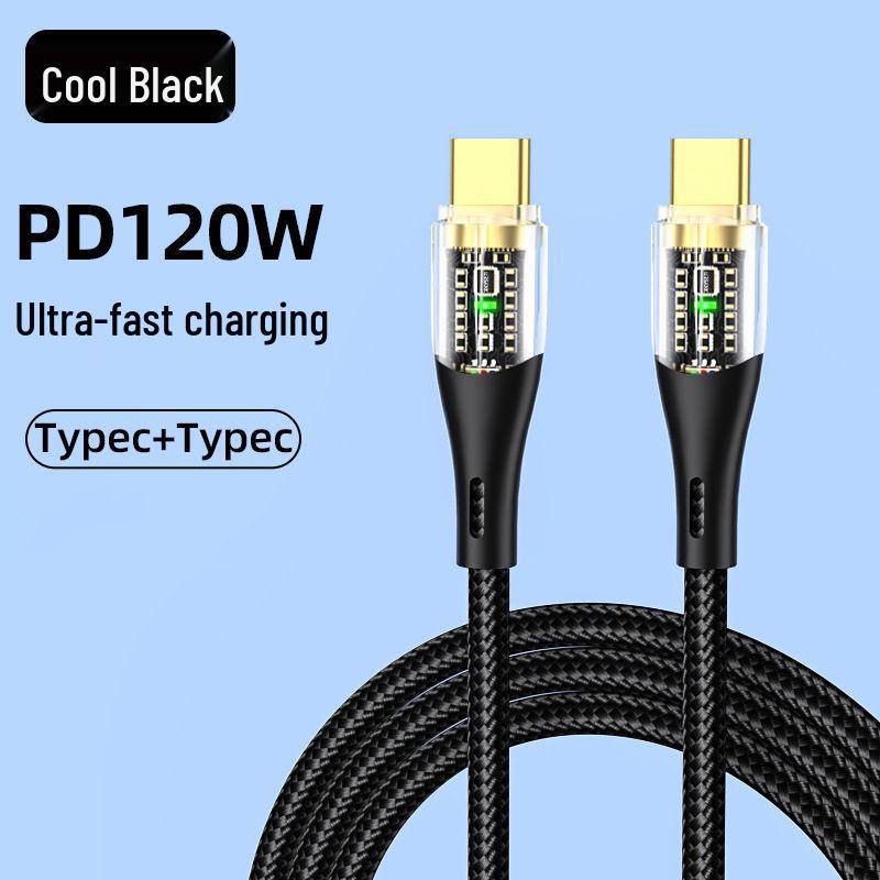 Transparent 120W Dual Type-C Fast Charging Cable for Apple 15, Huawei Honor 6A, PD