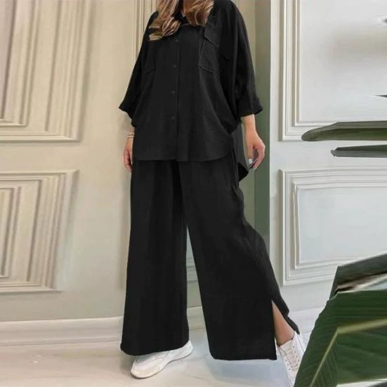 Women's Cotton Linen 2 Piece Outfit Button Down 3/4 Sleeve Shirts And Slit Wide Leg Pants Set Casual Loose Lounge Tracksuit