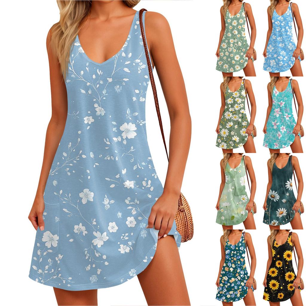 Women's Summer Casual V Neck Sleeveless Sundress Floral Print Tank Dress