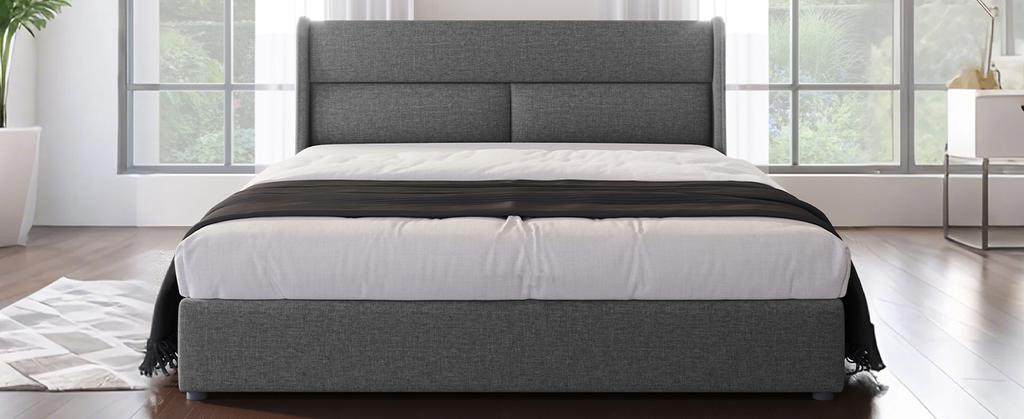 Upholstered Bed 160x200cm with Adjustable Headrests, Hydraulic Frame, Storage, Linen Material, Metal Slatted Frame, Grey (With Mattress)