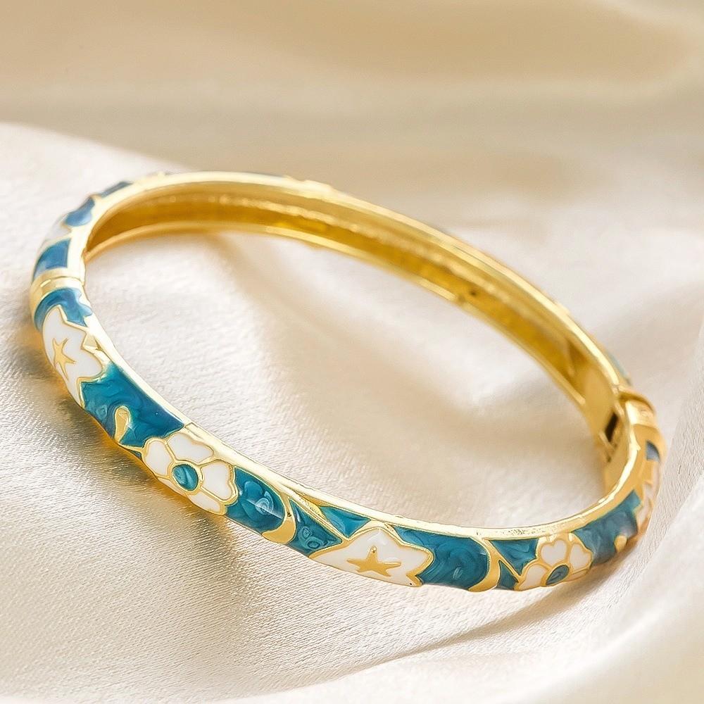 Floral Colorful Flower Bangle Traditional Women's Hand Bracelet Vintage Cloisonne Bangle  Ladies