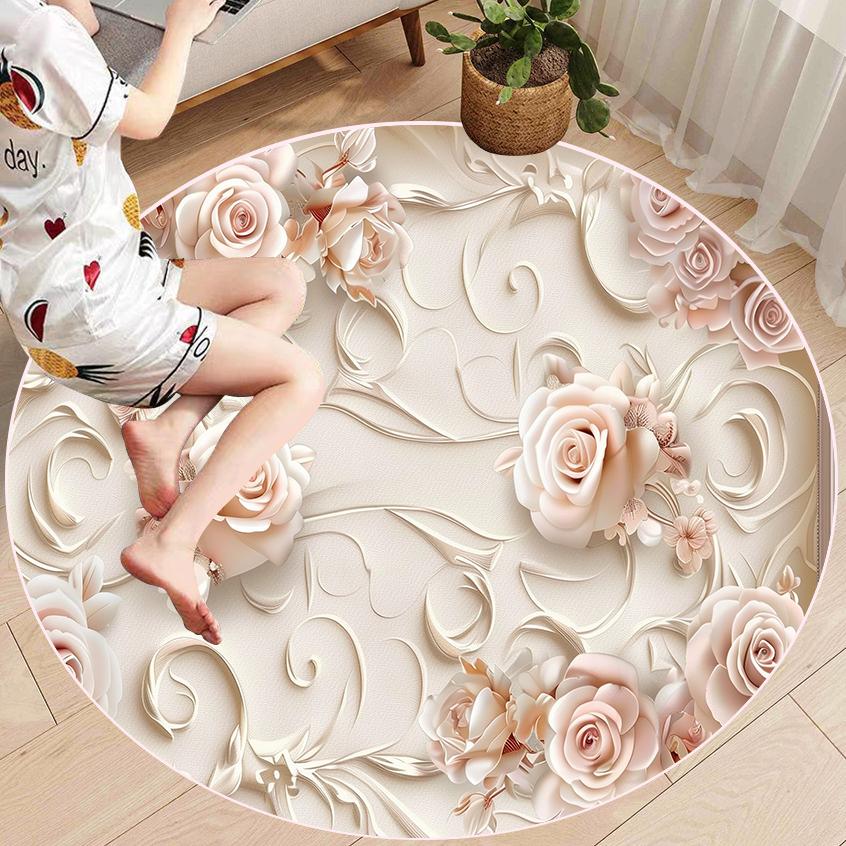 

European Luxury Round Carpet Living Room 3D Flowers Decoration Rug Anti Slip Washable Bedroom Lounge Rugs Customizable Floor Mat Diameter 140cm