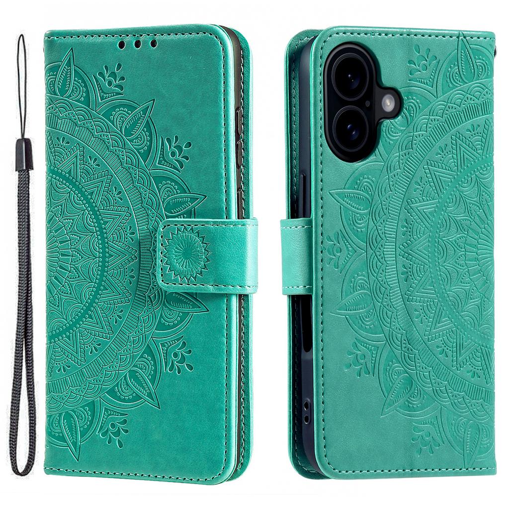 For iPhone 16 Stand Case PU Leather Wallet Phone Cover Totem Imprinted