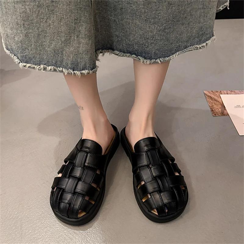 Women's Flat Bot Hollow Woven Sandals Open Toe Slip-On Summer Oes Korean Sle  Knot PU Material Rubber Sole