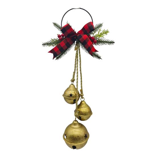 Christmas Bell Decoration 17.7" Hanging Jingle Bells with Plaid Bow Pine Needles Red Berries Rustic Holiday for Door