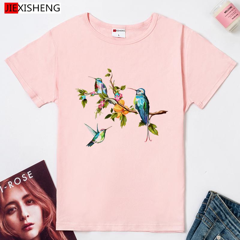 Birds And Flowers Print Women T-Shirts Summer Casual Short Sleeve O Neck Tops Tees 5 Colors Cute Women's Clothing