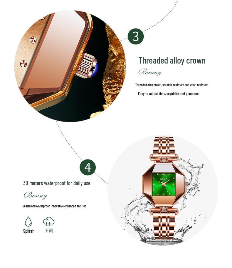 Elegant Women's Steel Band Wristwatch In Pomegranate Red, Champagne Gold & Green