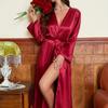 Summer Sexy Simulated Silk Nightgown Women's Long-sleeved Long-strapped Bathrobe Morning Gown Fashion Casual Loungewear Ice Silk