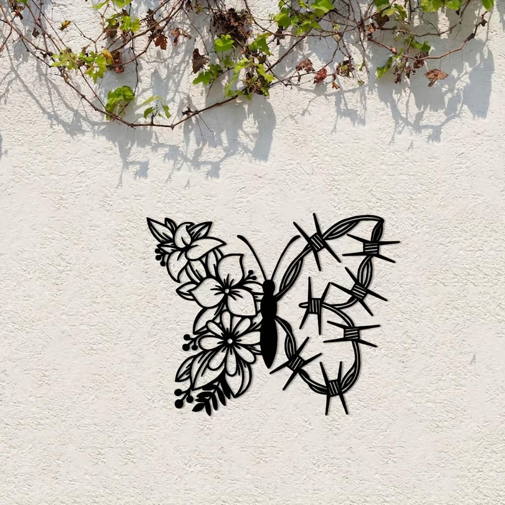 1pc Metal Butterfly Flower Wall Art, Indoor Outdoor Home Decor for Farmhouse Living Room Bedroom Porch Fence Garden Courtyard