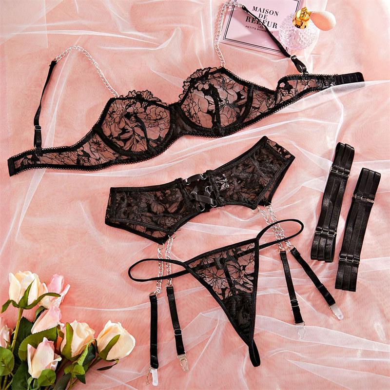 Fashion New Chain Decoration Women's Eyelash Lace Erotic Underwear Mesh Perspective Sexy Lingerie Garter Ring Thong Set BDSM