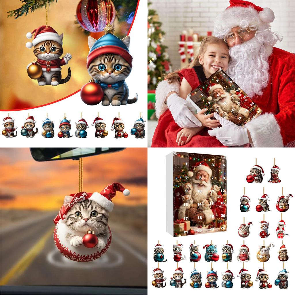 Christmas Countdown Calendar With Cute Cat Acrylic Hanging Ornaments For Holiday Decor