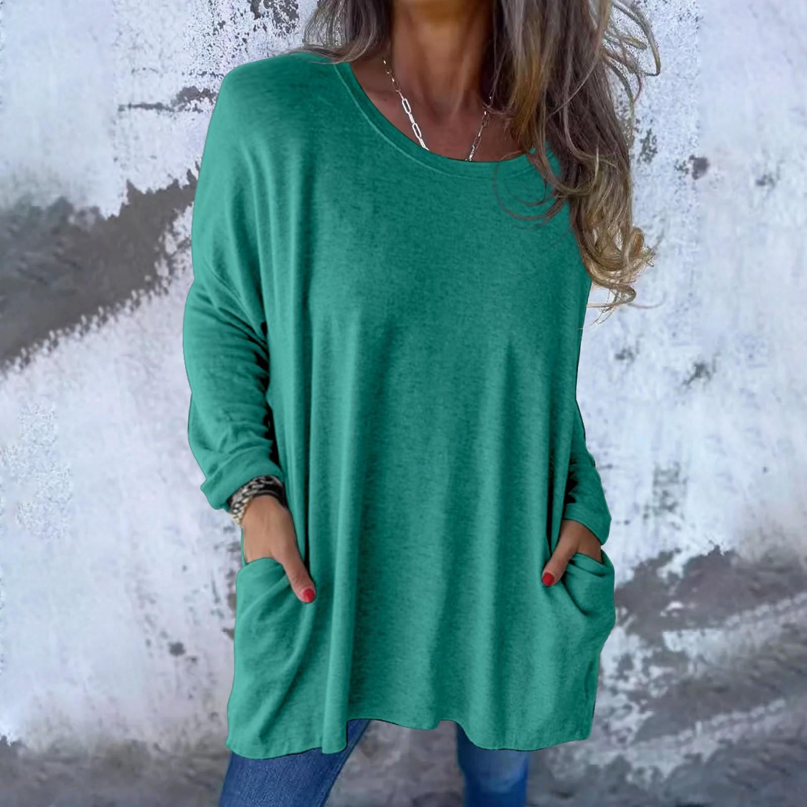 

Женская мода повседневная однотонная рубашка с длинным рукавом и круглым вырезом с карманами XL