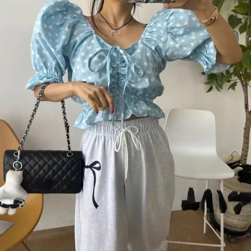 

Южная Корея Ins Pleat Drawstring Love Sweet оборками рубашки женские винтажные элегантные уличные костюмы женские повседневные топы летние
