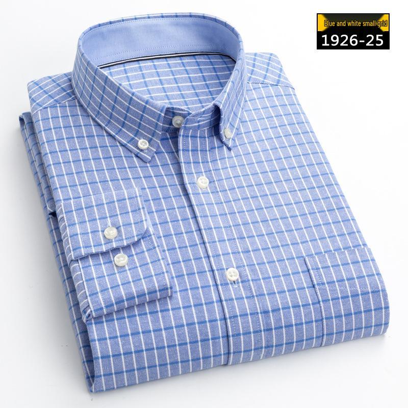 Men's Long Sleeve Washed Cotton Oxford Shirt - Slim Fit, Plaid, Iron-Free Stripes, Casual Style