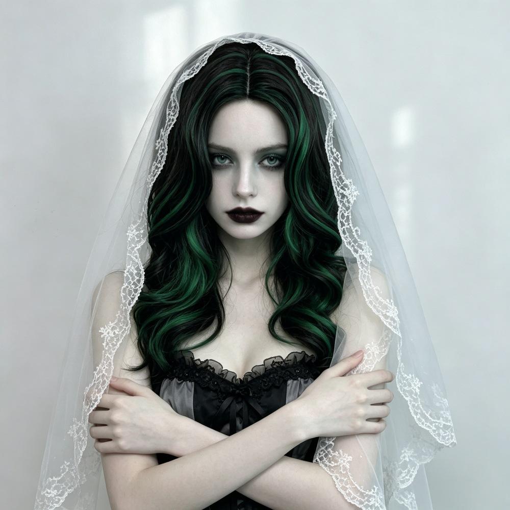 Fashionable Green Wavy Long Curly Hair Women'S Wig Outdoor Travel Party Cosplay Halloween Simulation Synthetic Wig Headgear