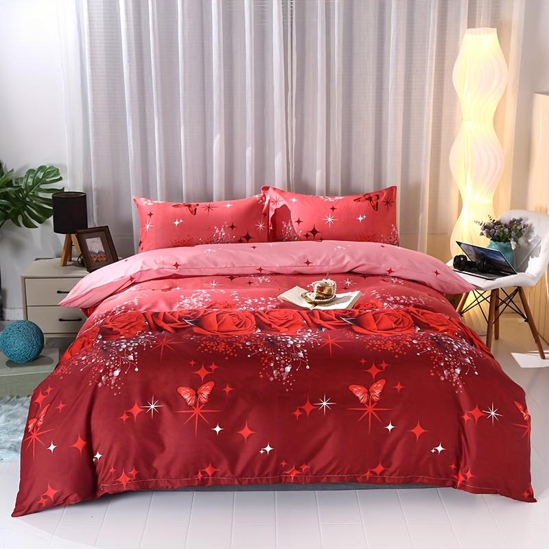 3Pcs Polyester Fiber Soft, Skin-Friendly Quilt Cover Set (Two Pillowcases And One Quilt Cover). Red Is The Primary Color