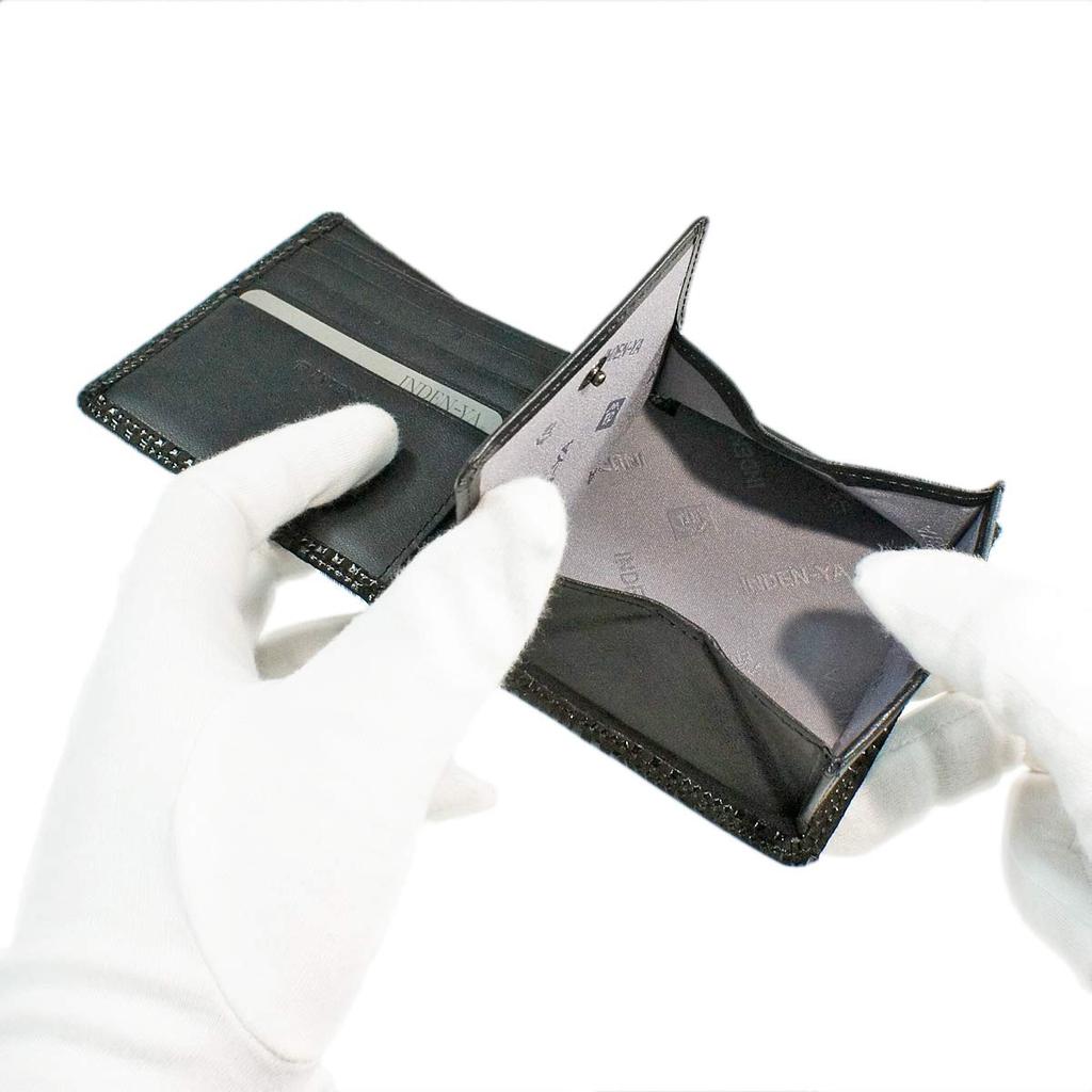 Inden Bifold Geldscheinfach Box Typ Münze schwarzer Hintergrund x schwarz kleines kariertes Muster [Indenya] Brieftasche, S, Geldbörse, Hirschleder, Lack,