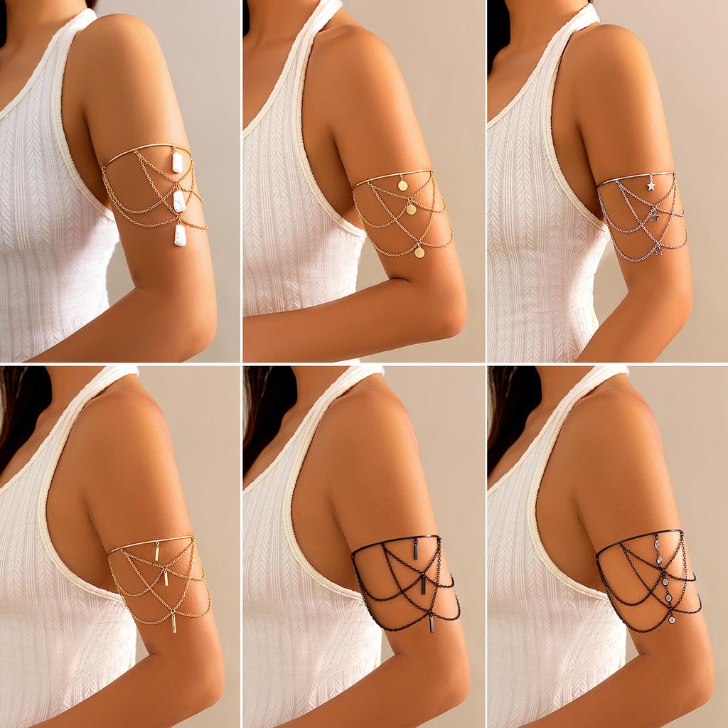 Personalized Ethnic Style Metal Chain Imitation Pearl Arm Bracelet, Star-shaped Niche Sequined Fringed Open Arm Ring