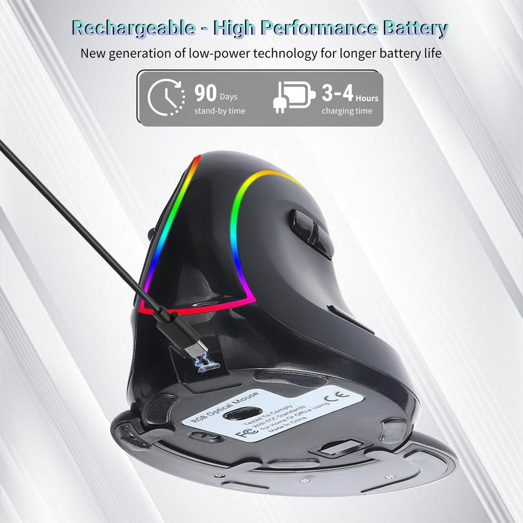 Vertical Wireless Mouse, USB, Bluetooth 5.1 Connection, 3 Modes, Large Size, RGB Lighting, Silent Operation, Rechargeable, 7 Buttons, Ergonomic
