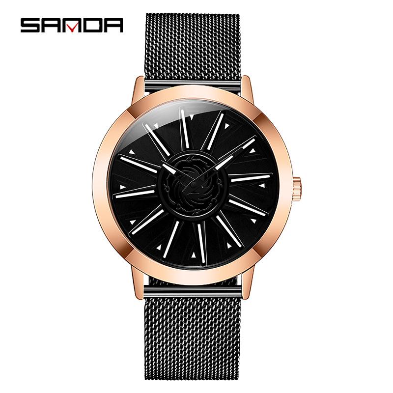 Sanda Men's Creative Rotating Quartz Wristwatch with Mesh Strap