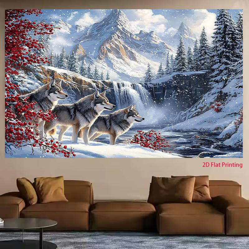 2D Snowfall Wild Wolf Winter Forest Backdrop Wildlife Nature Decor Background Cloth