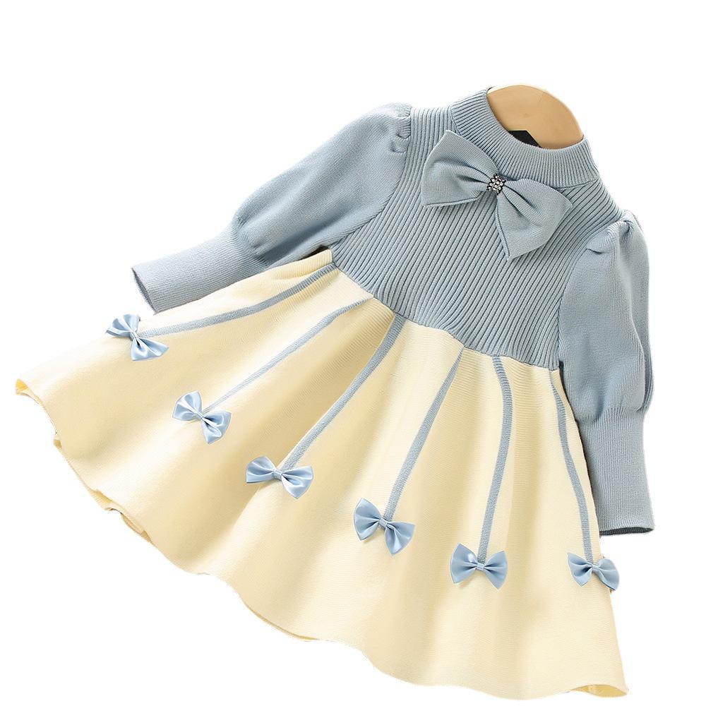 Rochie de iarnă tricotată cu fundă pentru fete, din lână, cu mâneci bufante - Stil coreean