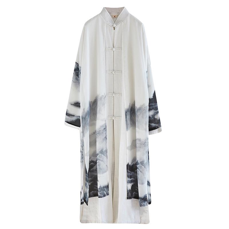 Men's Chinese Style Cotton Linen Long Spring Shirt - National Performance Stage Robe