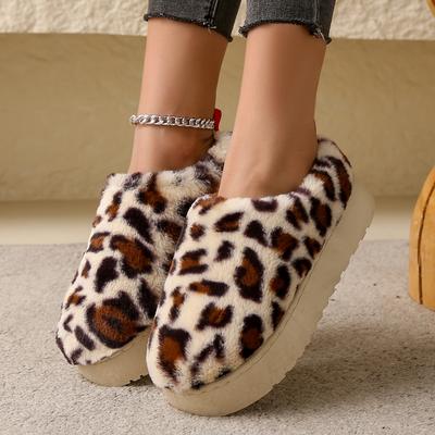 Mode Winter Leopard Frauen Schnee Stiefel Warme Halbschuhe Stiefel Kaschmir Dicke Sohlen Ohne Ferse-bedeckte Haare Halb Slipper Baumwolle Schuhe