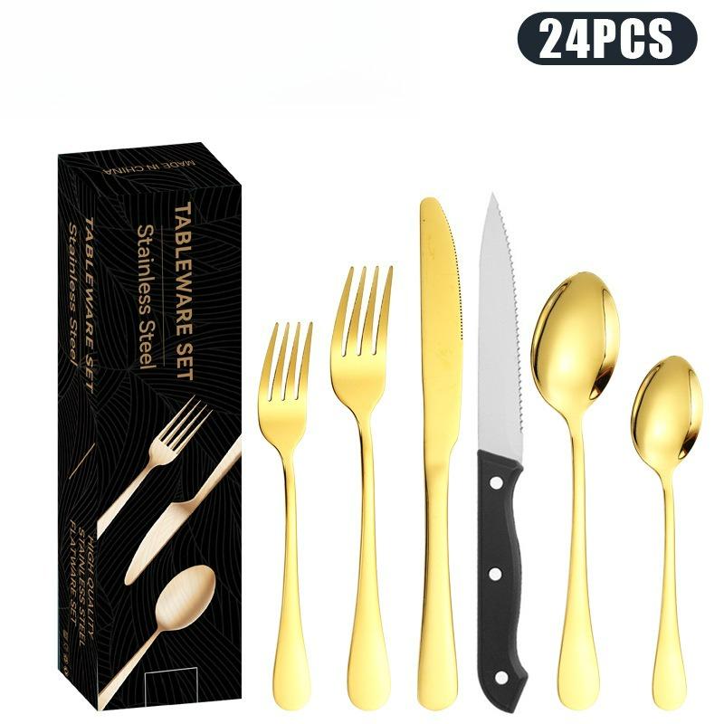 Stainless steel cutlery knife, fork and spoon set 24-piece Western Steak Hotel titanium plated black knife, fork and spoon