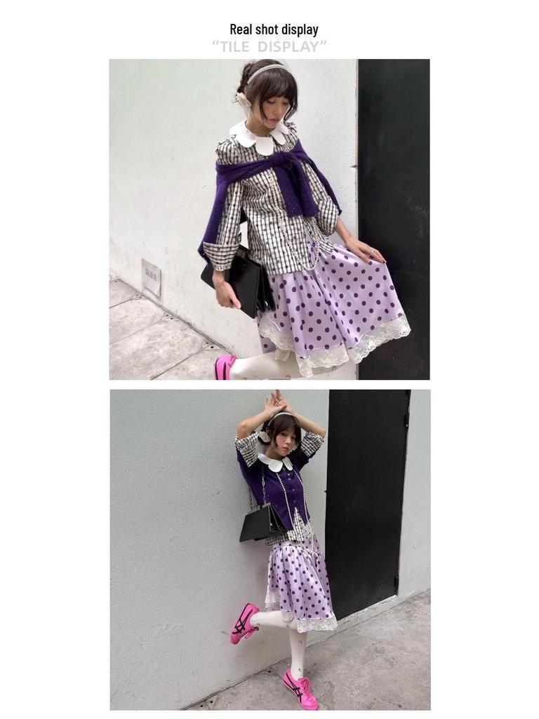 French Polka Dot Lace Patchwork Irregular Purple Midi Satin Skirt for Early Autumn