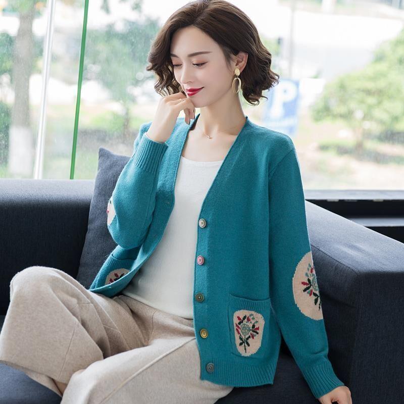 Spring Autumn Women's Knitted Cardigan Sweater Short Loose Thin V-Neck Knit Sweater Long Sleeve Printed Knitted Jacket Outwear