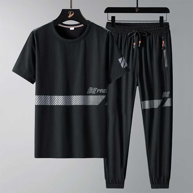 Summer Time Ice Silk Short Sleeve T-shirt Set Men's Casual Relaxed Breathable Sports Large Size