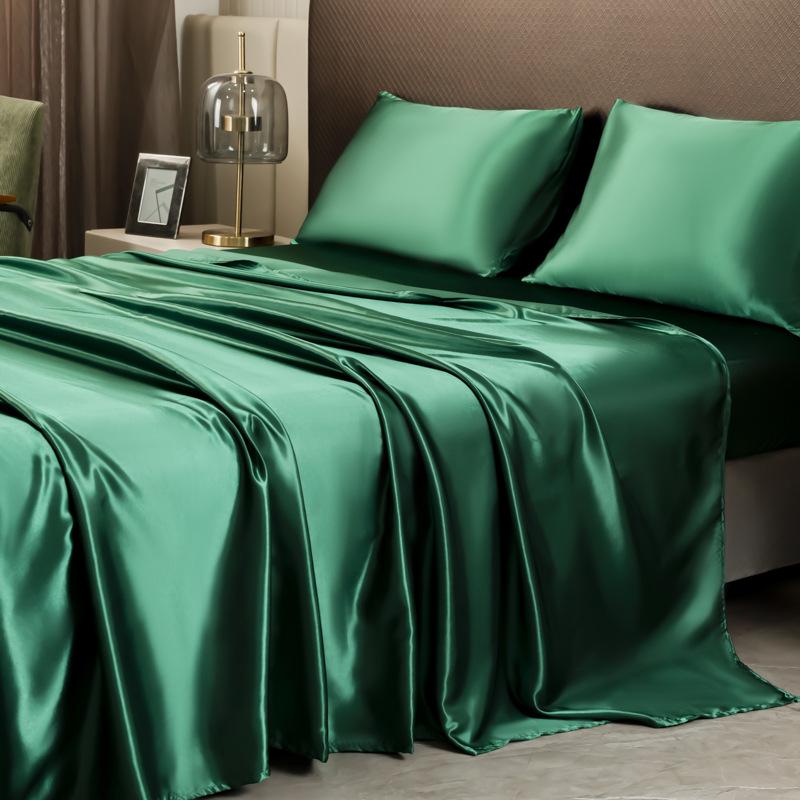 Satin-Feel Solid Color Four-Piece Bedding Set: Bed Sheet, Fitted Sheet, and Pillowcases (European & American Style)