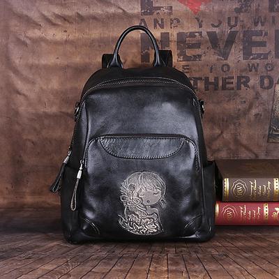 Chinese Style Genuine Leather Backpack Vintage Design Knapsack Backpacks for Women Ladies Bags