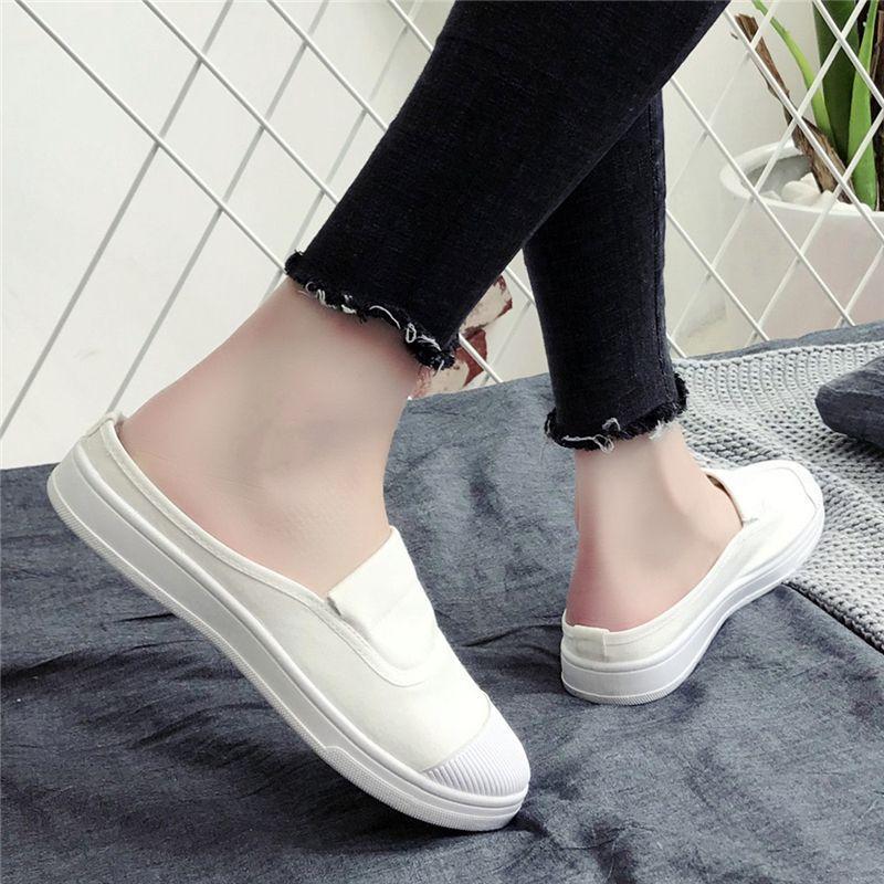 Versatile summer canvas half slippers female student Korean version of little white shoes without heel lazy shoes cool slippers female