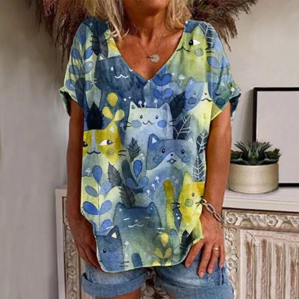 Kunst Buntes Muster Damen T-Shirt Tierdruck Katze T-Shirt für Damen Atmungsaktiv Kurzärmlig Sommer Große Größe V-Ausschnitt