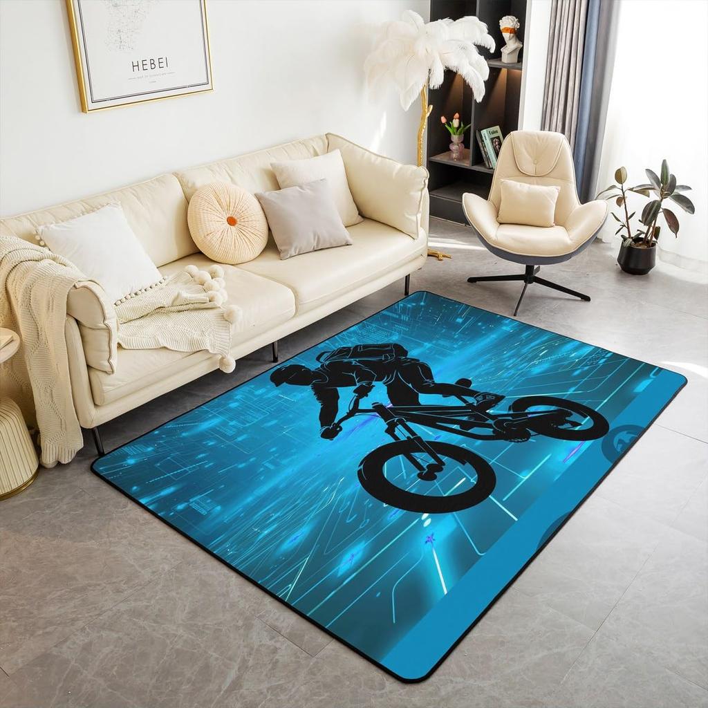 Teen Dirt Bike Area Rug for Living Room Motocross Rider Floor Mat Motorbike Extreme Sport Carpet Snow Mountain Landscape Doormat