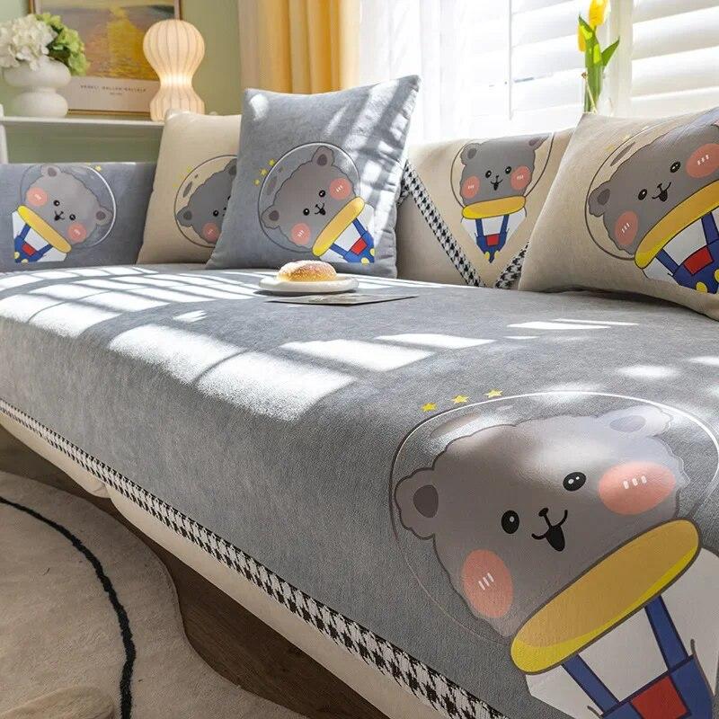 Modern Universal Chenille Sofa Cover Sofa Pad Solid Color Cute Bear Sofa Mat for Living Room Non-Slip L Shaped Couch Cushion