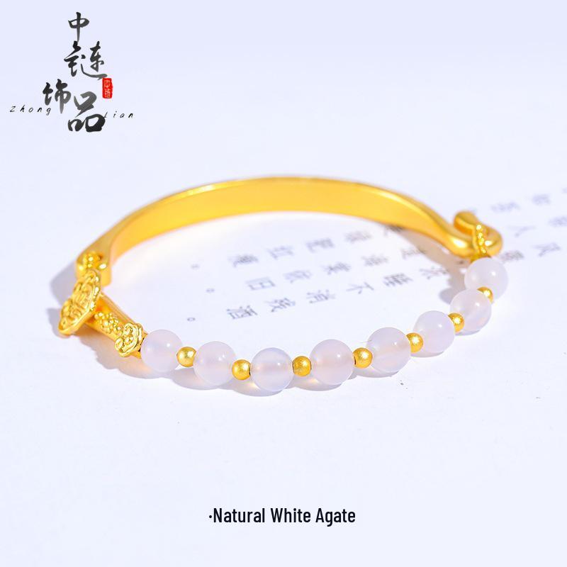 Luxury White Agate Ruyi Gold Bead Half-Bangle Bracelet, Copper Gold-Plated, DIY Accessory.