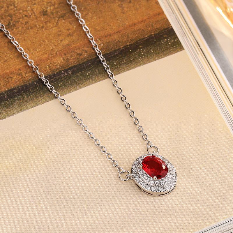 2026 Necklace European and American Temperament Red Zircon Oval Geometric Light Luxury Collarbone Chain Water Drop Pendant