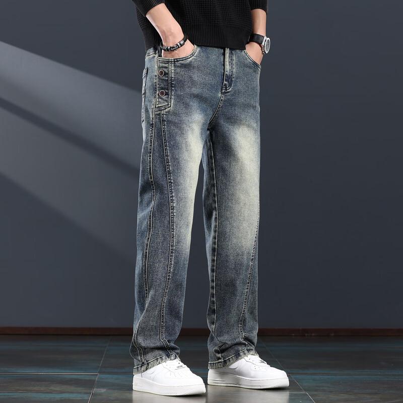 Jie Leinuo Men's American Retro Loose Straight-Fit Jeans