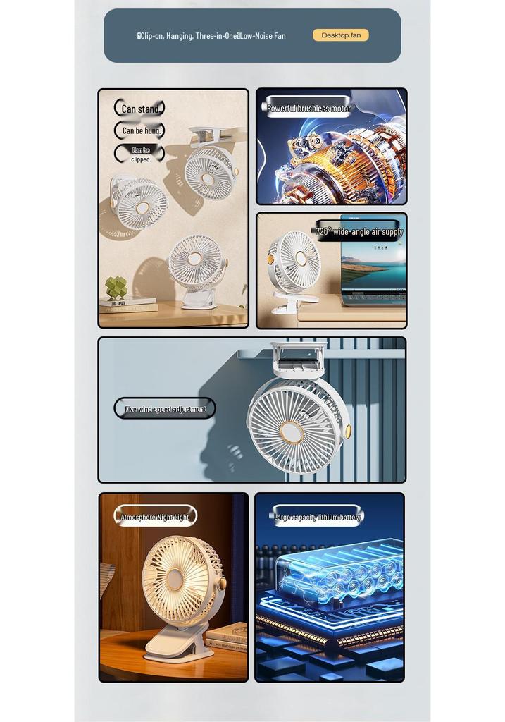 Dual-Use Ultra-Quiet USB Fan: Portable Clip-On for Dorm or Office, Rechargeable and Plug-In