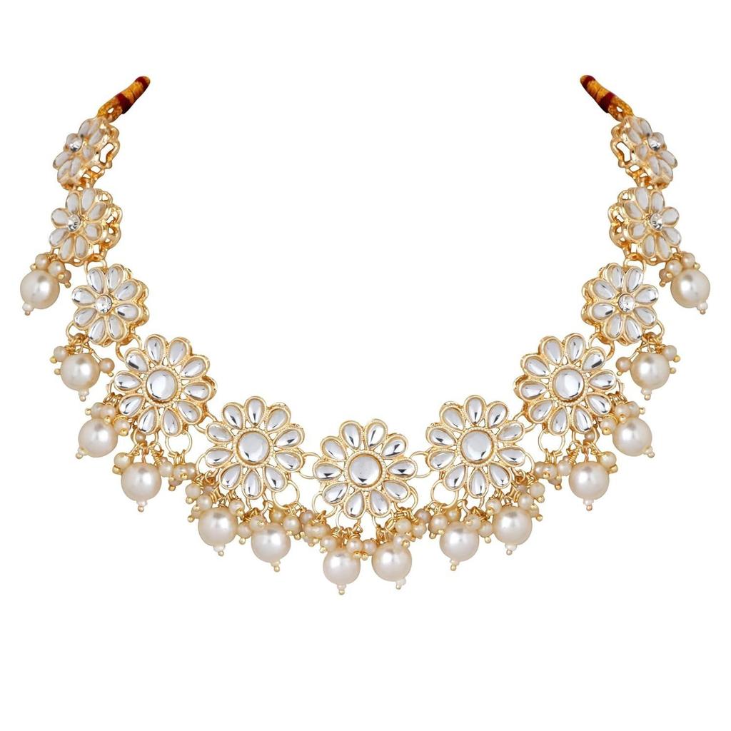 Traditional White Pearl Kundan Necklace Set | Kundan Choker | Fancy Jewellery with Earrings and Maang Tikka for Women Girls