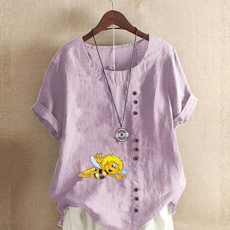 Women's New Fashion Linen Shirt Round Neck Short Sleeve Honeybee Printed T-shirt Summer Ladies Casual Plus Size Blouse Tops