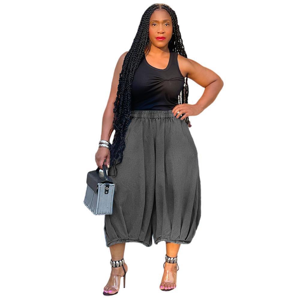 Women's Elastic Waist Wide Leg Capri Pants Loose Straight Leg Denim Culottes Streetwear Casual Cropped Trousers
