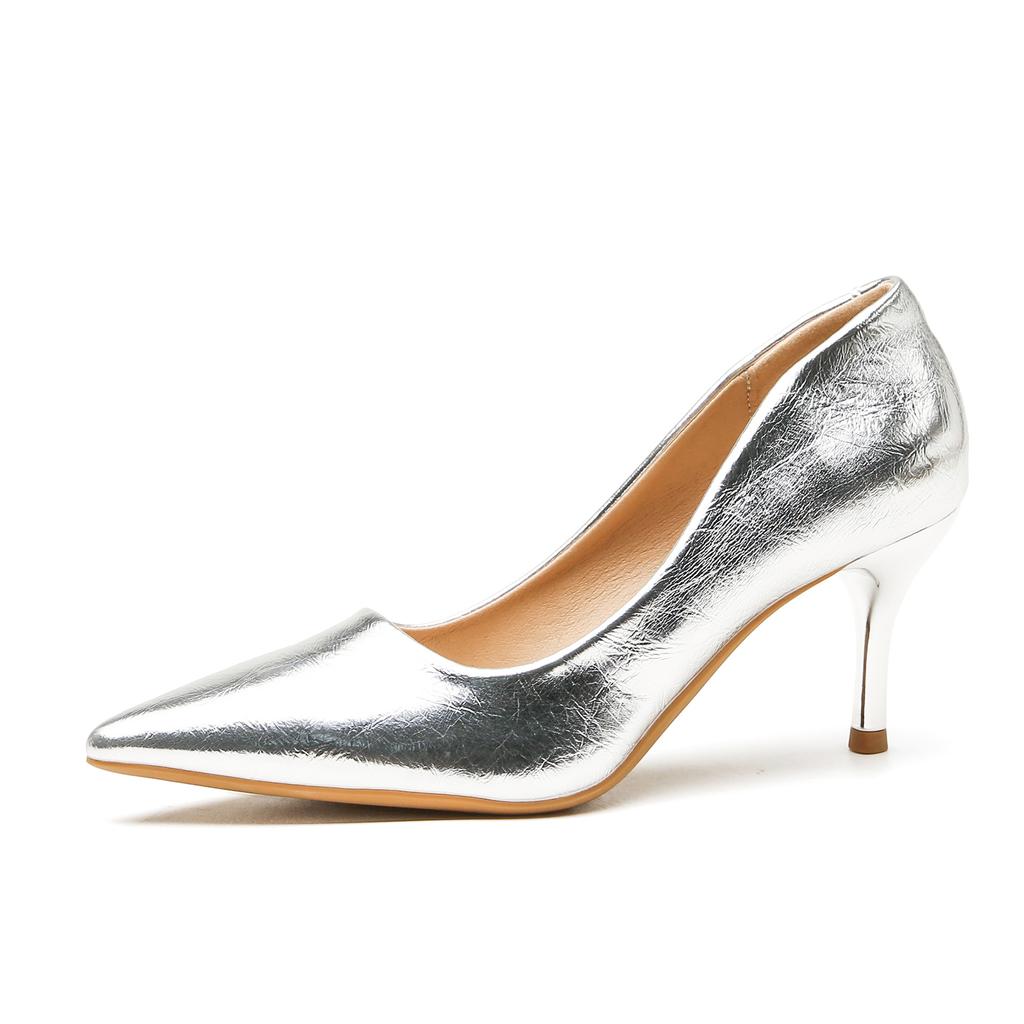 Silberne High Heels Damen Stiletto neuer Rock Temperament weiches Leder gold spitz nicht müde Füße vielseitig Brautjungfer Schuhe