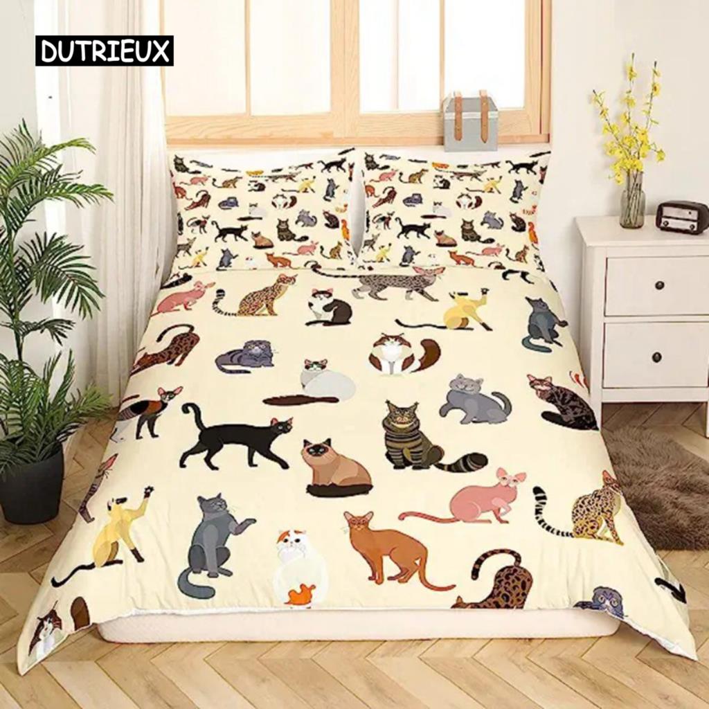 Cartoon Cats Green Duvet Cover Cute Cartoon Cats Pet Bedspread Printed Duvet Cover Set for Boys Girls for Room Decoration Gifts