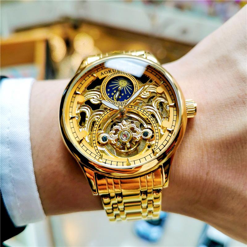 

Royal Gold Skeleton Automatic Watch for Men Luxury Tourbillon Mechanical Watches Stainless Steel Strap Luminous Clock золотий