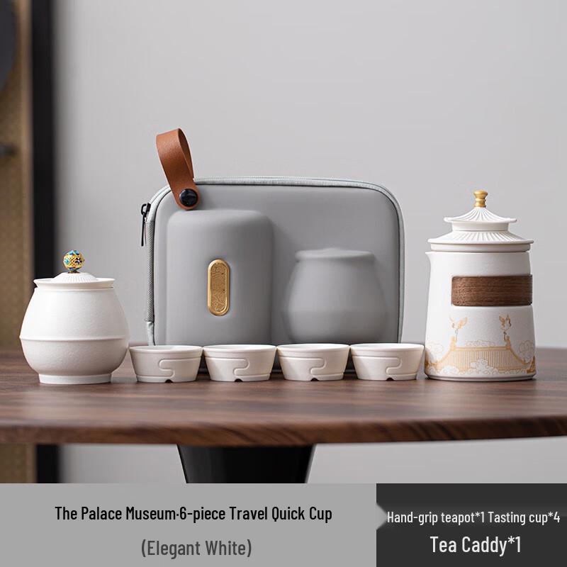 Forbidden City Crane Ceramic Travel Tea Set 1 Pot, 4 Cups, 1 Tea Caddy